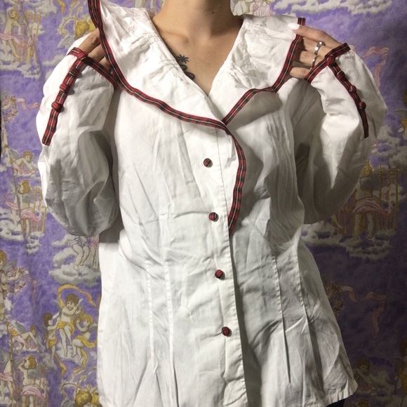 Vintage plaid white ruffle collar button up shirt - Picture 2 of 4